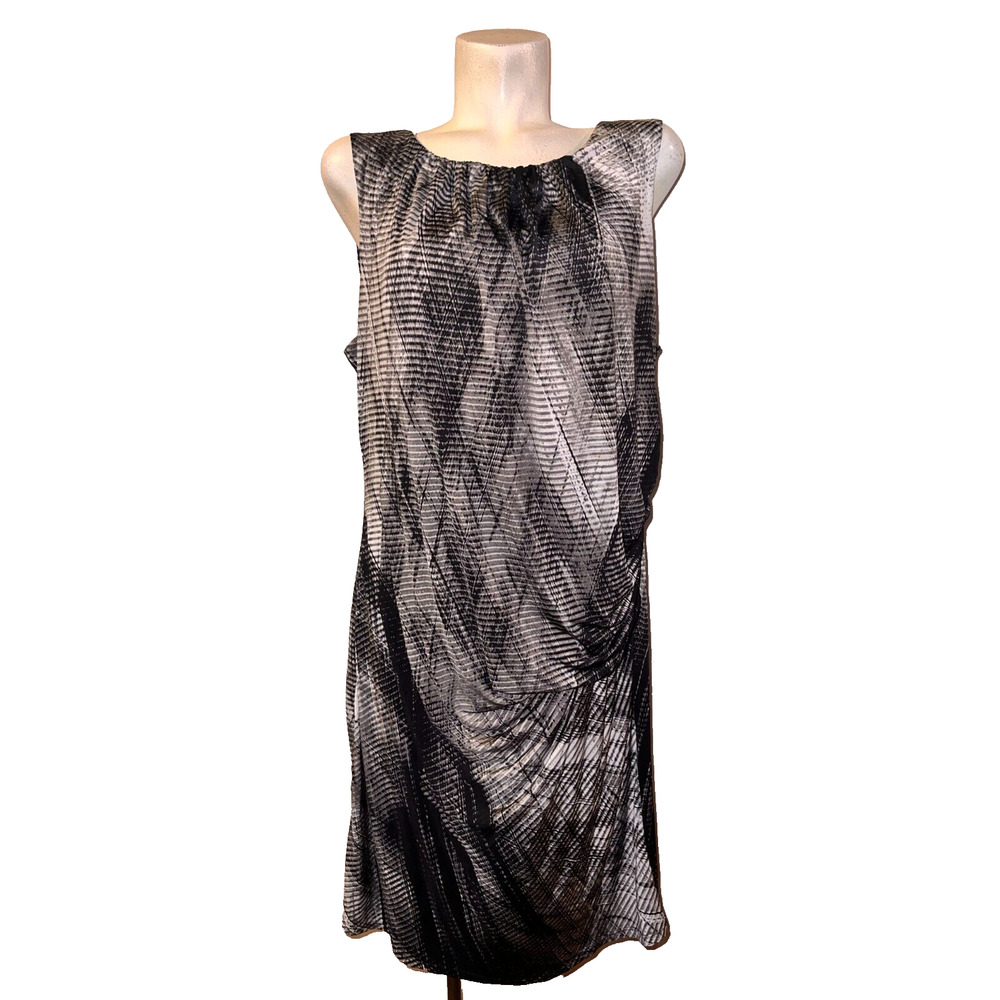 NINE WEST Dress Plus Size 18W Gray Grey Black Printed Sleeveless Ruched Sheath